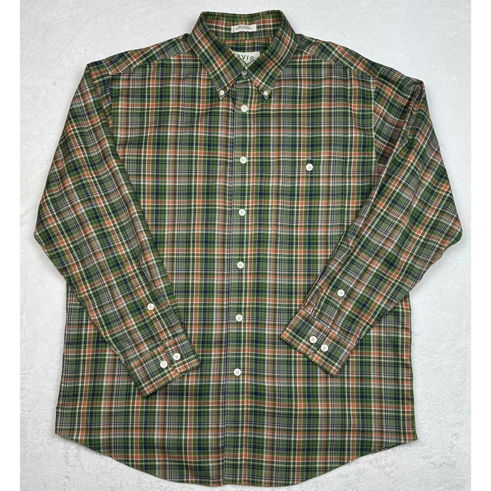 VTG Orvis Mens L Green Orange Plaid Cotton Button Down Shirt Sporting Traditions
